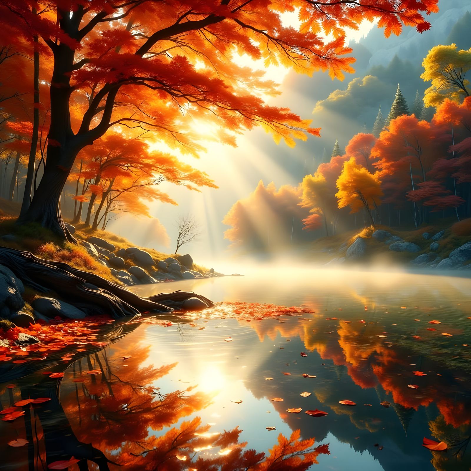 Vibrant Autumn Scene in Hyperrealistic Style