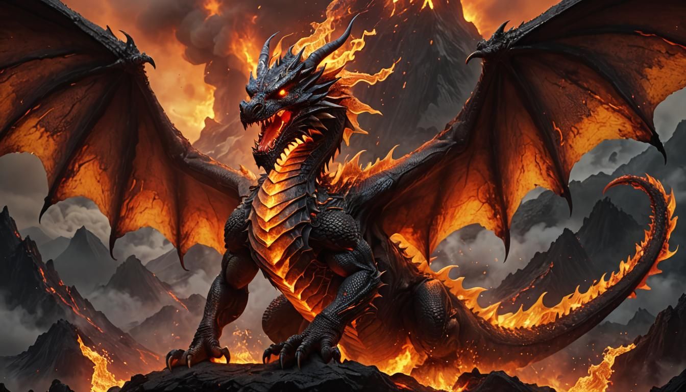 Majestic Fire Dragon Roaring at Volcano Mouth