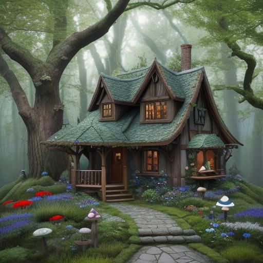 Enchanted Gnome Home in Whimsical Forest Illustration