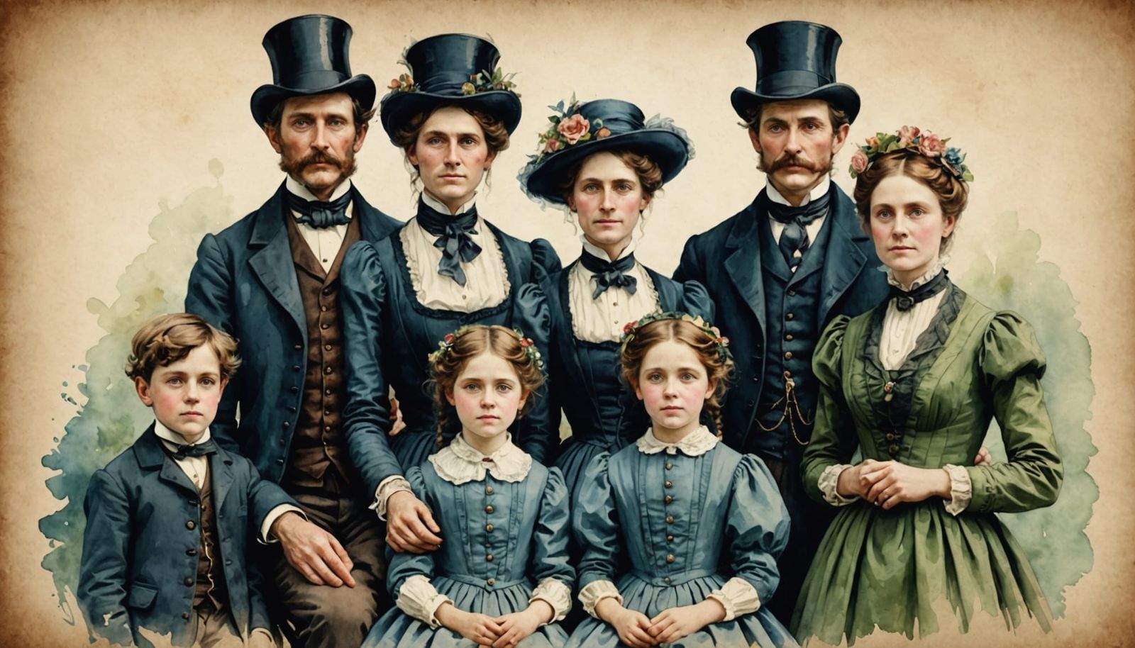 Victorian Family Watercolour Portrait in Whimsical Style