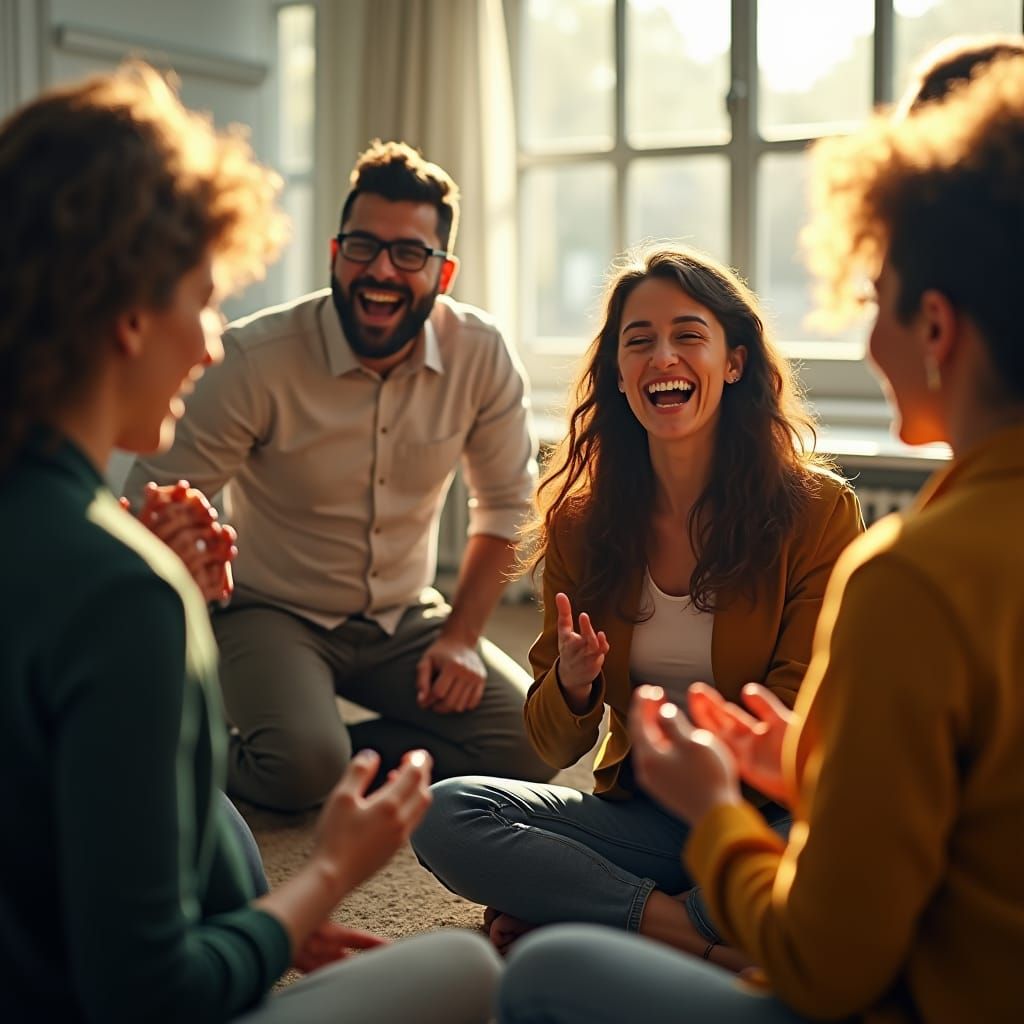 Office Staff Laughter Therapy in Filtered Daylight