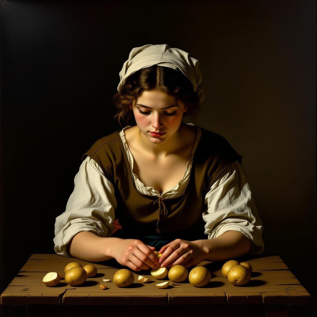 Peasant Woman Peeling Potatoes in Baroque Style