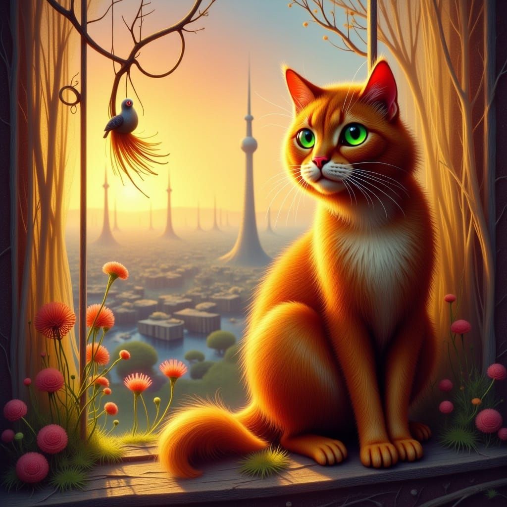 Ginger Cat on Windowsill at Sunset