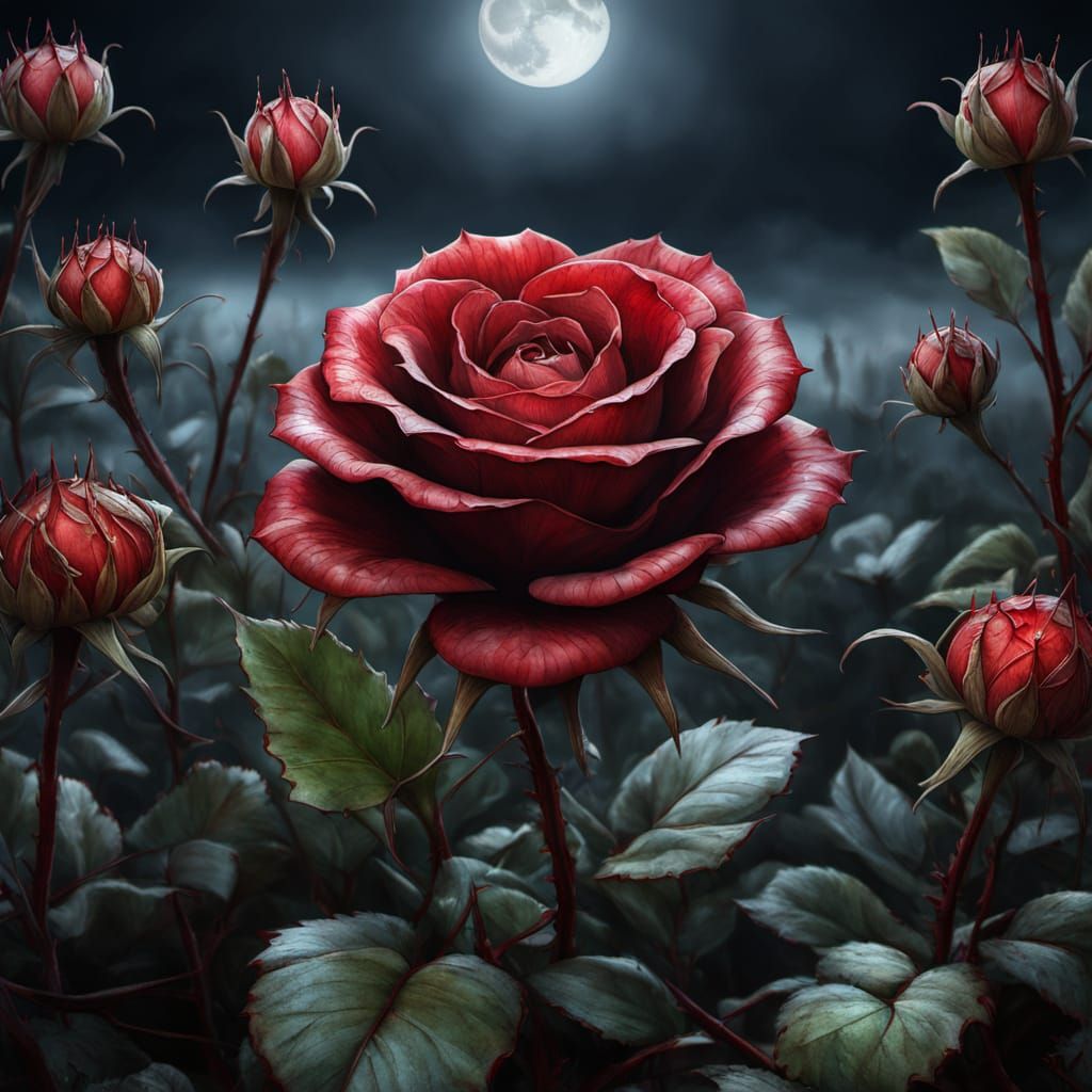 Ethereal Gothic Rose Blooms with Teeth-like Buds under Moonl...