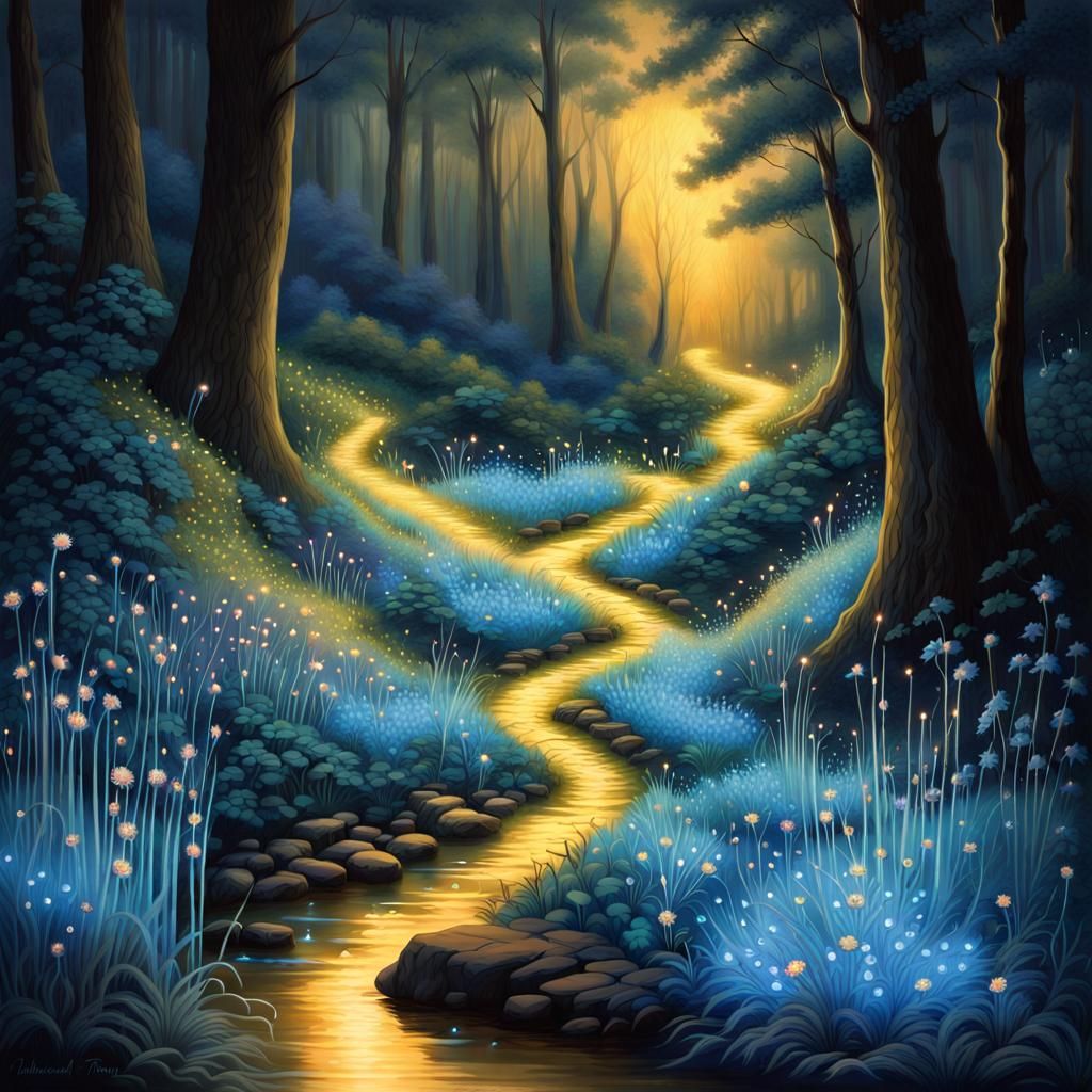 Ethereal Blue Night: Winding Path with Silver Glow