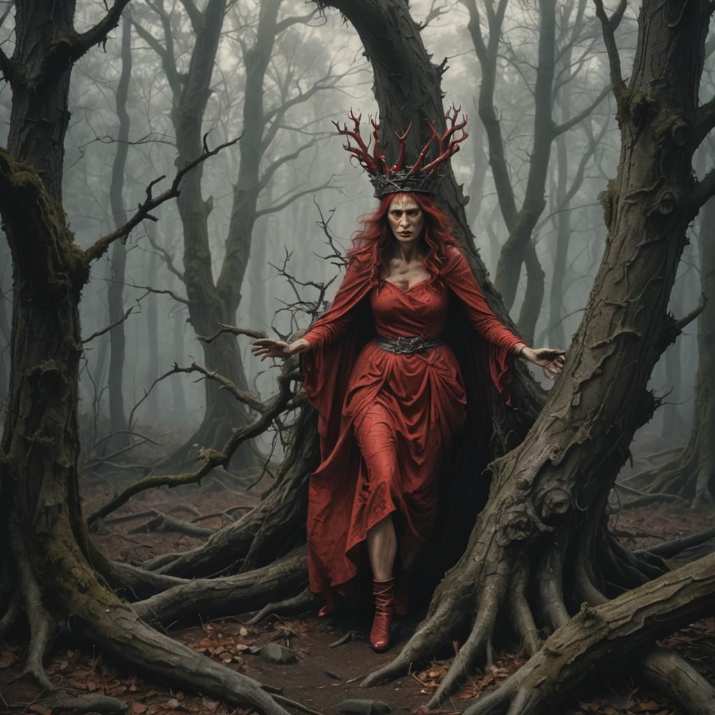 Eerie Woman Emerges from Hollow Tree in Dark Forest