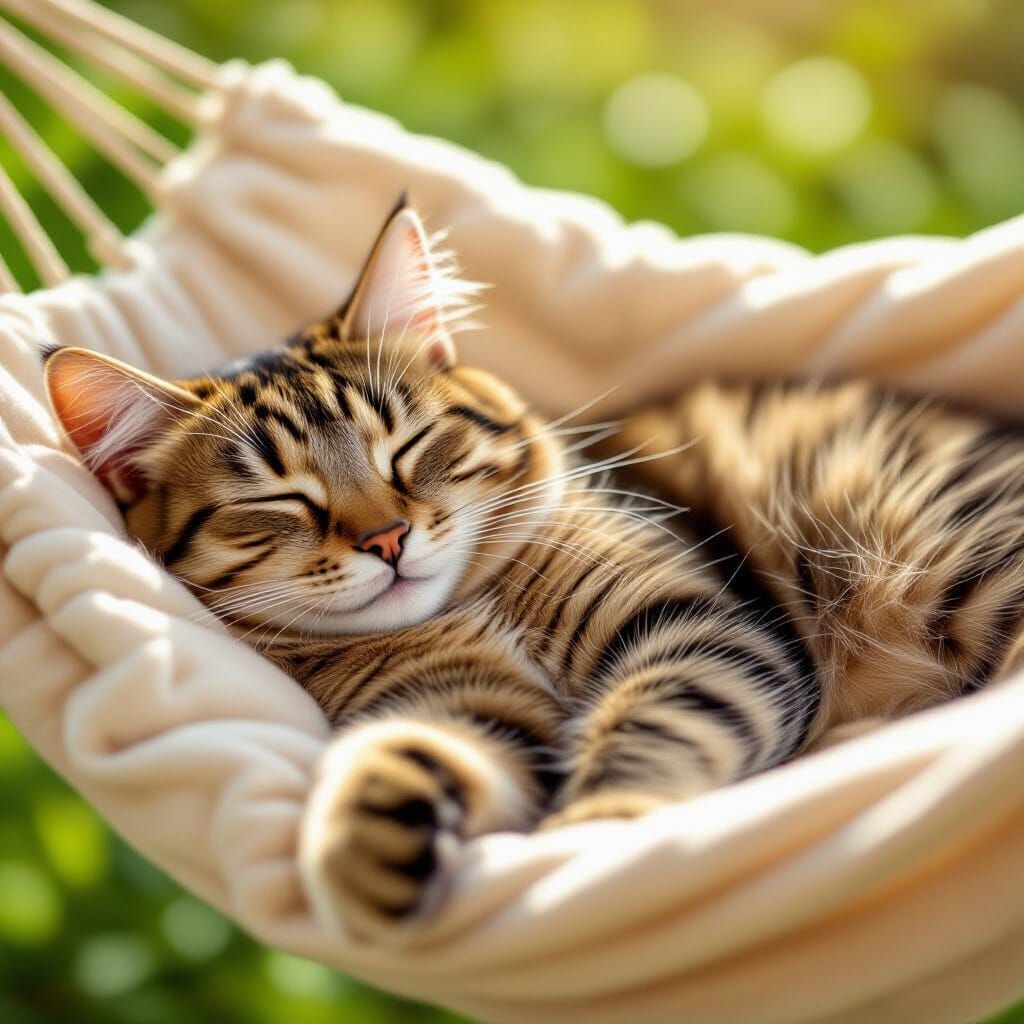 Sleeping Cat Blissfully Resting in Sunny Hammock