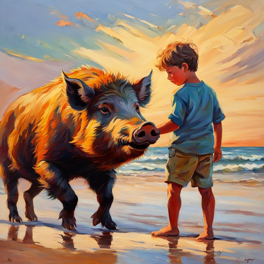 Boy and Boar on Beach as Impressionist Oil Painting