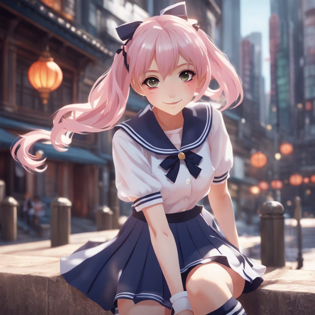 Whimsical Anime Girl in Sailor Uniform with Pastel Pink Hair