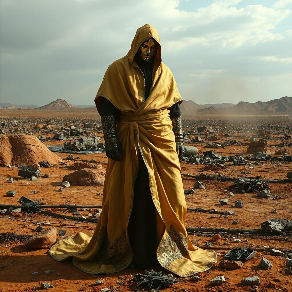 Golden Warrior Stands Amidst Barren Wastes