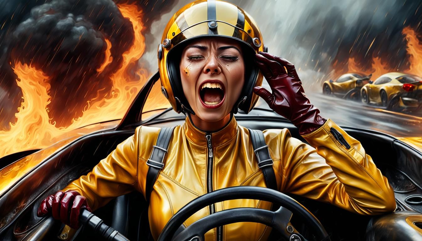 Burning Fear: Hyperrealistic Woman in Burning Race Car