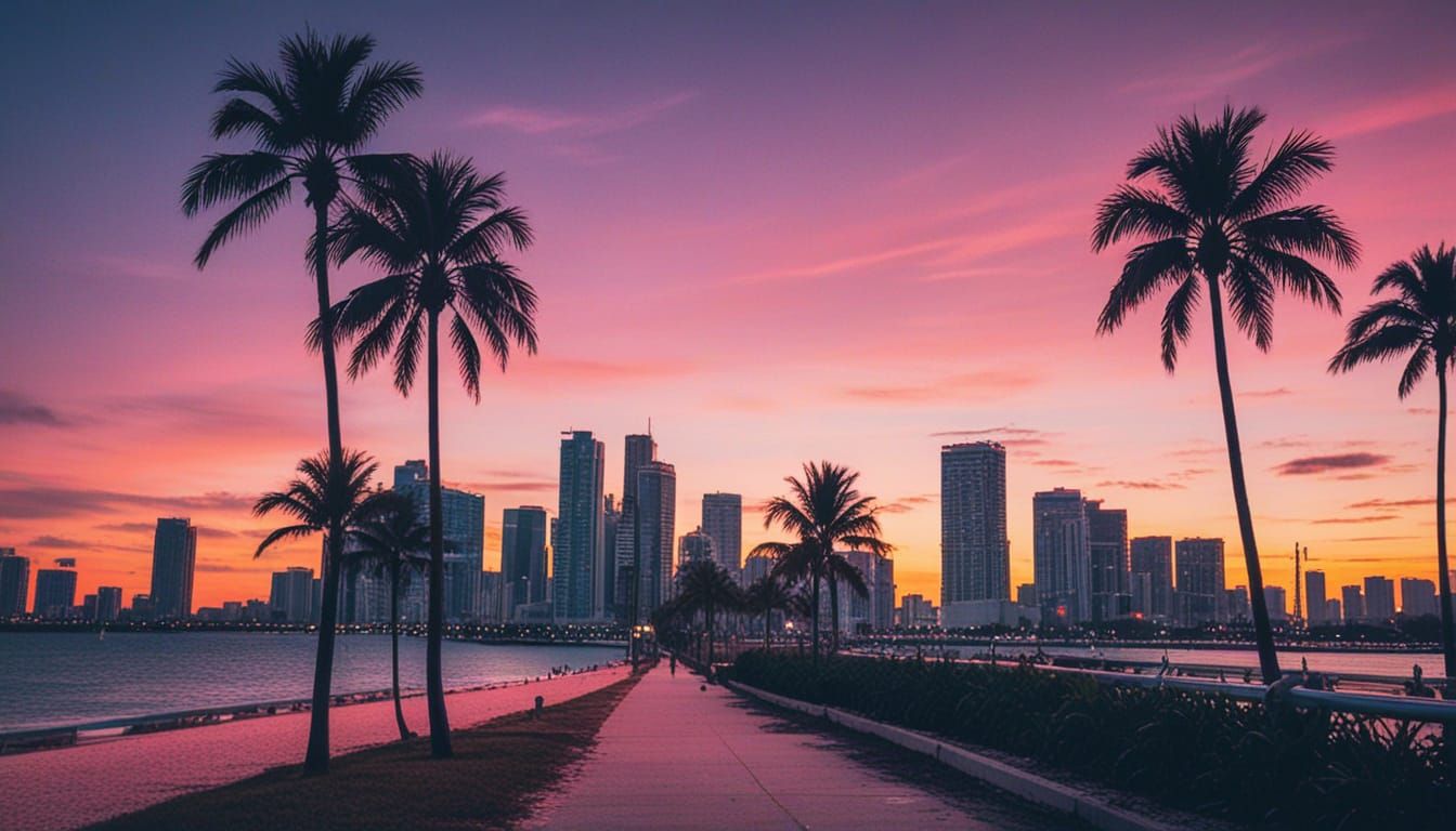 Miami Skyline in Retro Futurism Neon Noir Style