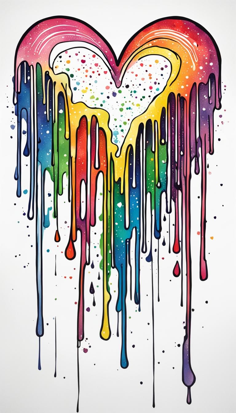Rainbow Ink Heart Dripping Drawing