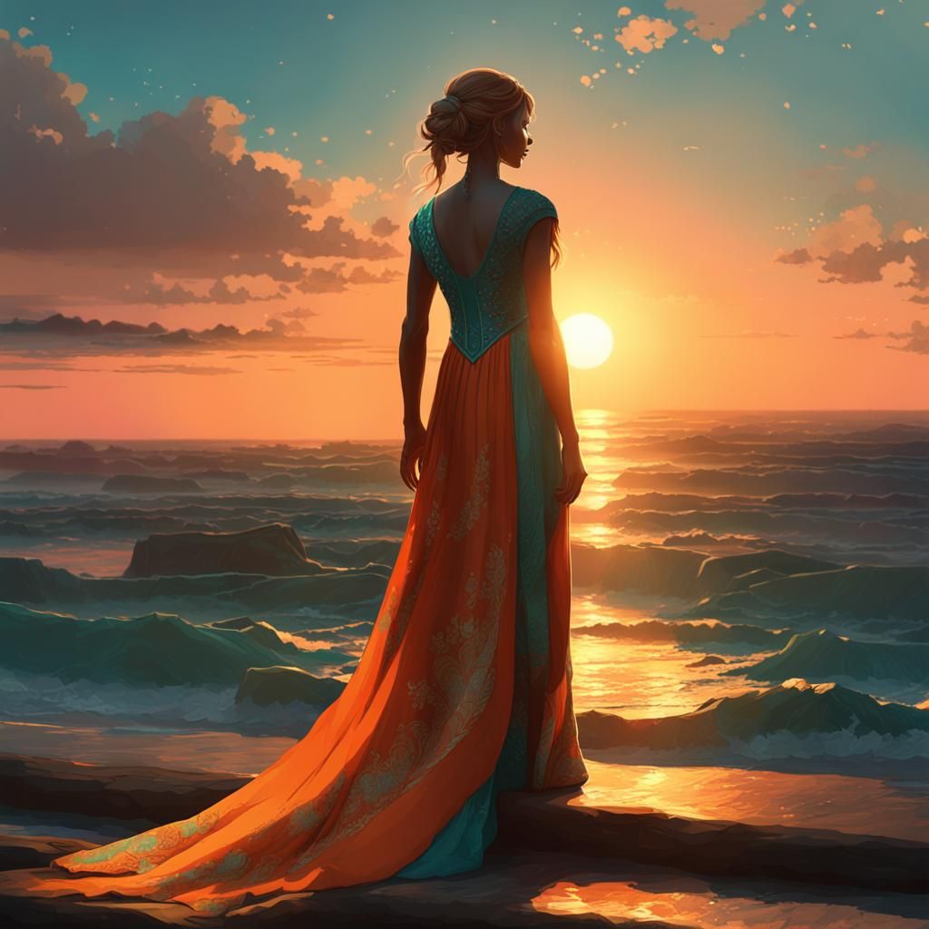 Girl in Dress Facing Sunset: Hyperdetailed Concept Art
