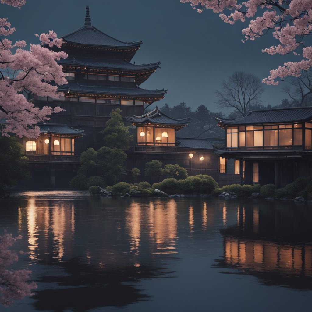 Ethereal Cherry Blossom Serenade Under Moonlit Japanese Skie...