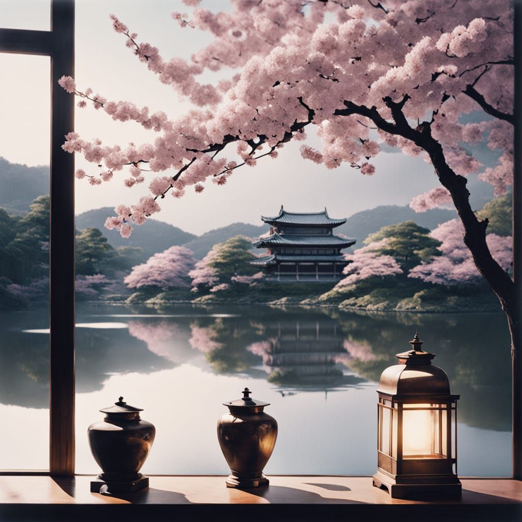 Surreal Moonlit Scene with Cherry Blossoms and Ancient Japan...