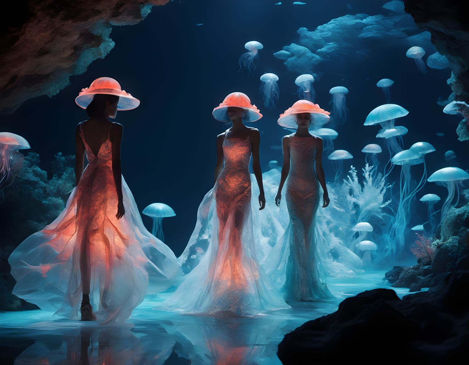 Bioluminescent Deep-Sea Fashion Show in a Shimmering Abyss