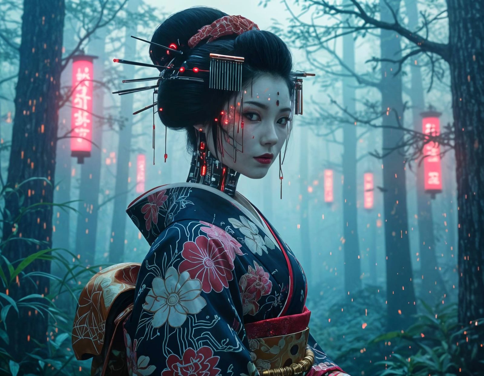 Android Geisha Glowing Neon