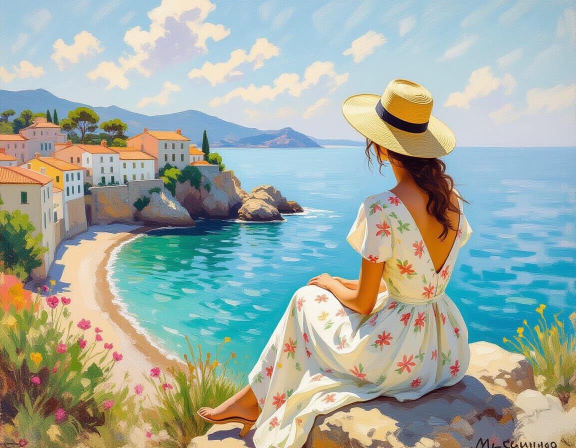 Woman Overlooking Seaside Scene in Impressionistic Style