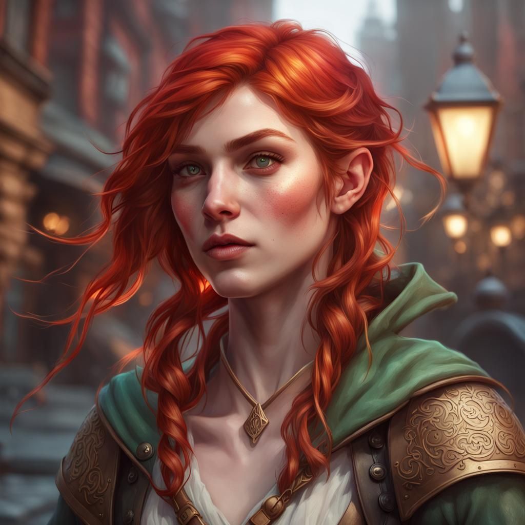 Redhead Elf Bard in City, Detailed Portrait