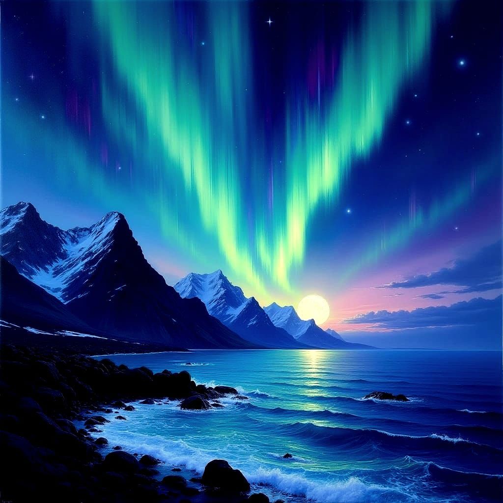 Vibrant Aurora Borealis Illuminates Majestic Mountains and S...