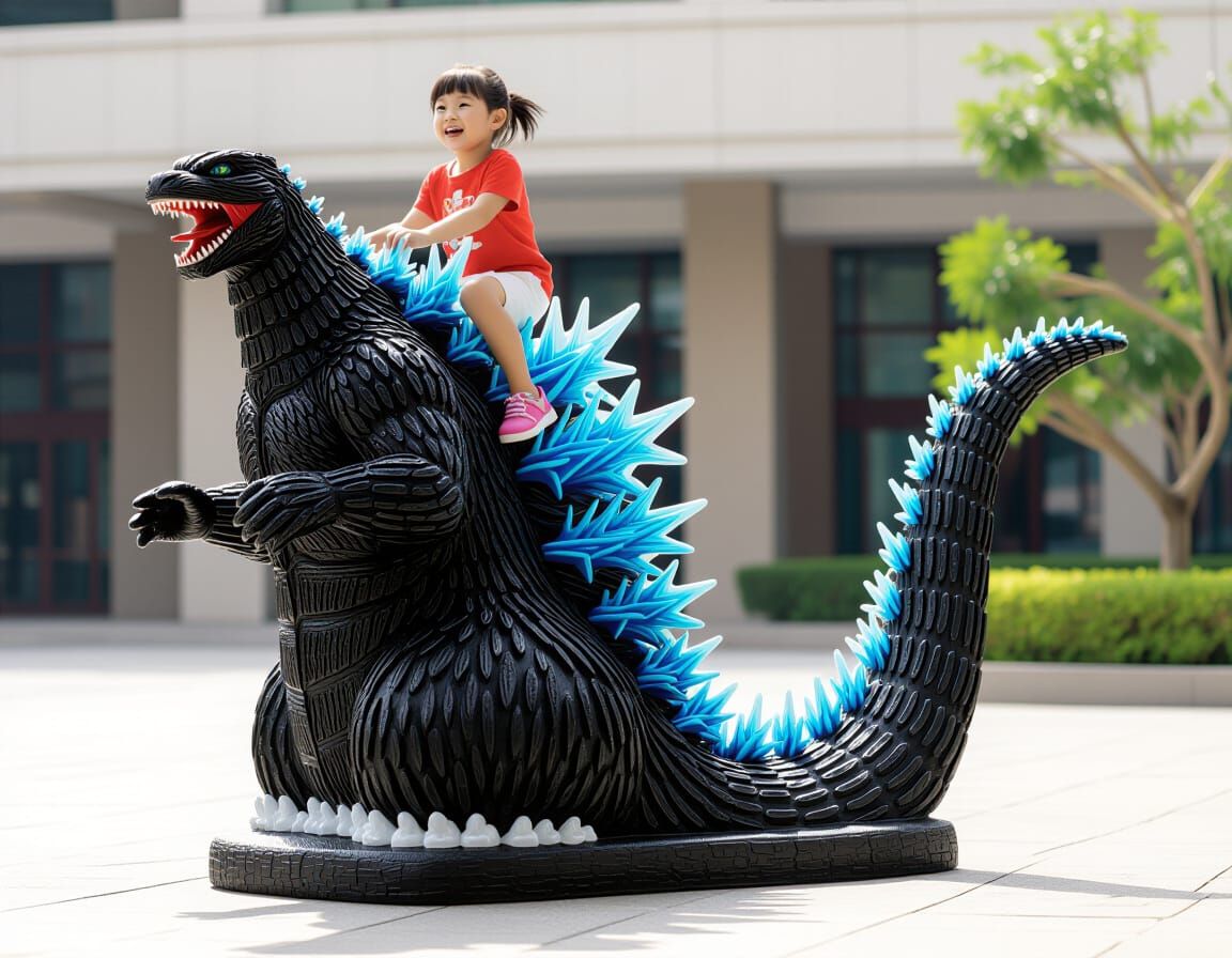 Children Riding a Giant Godzilla Statue