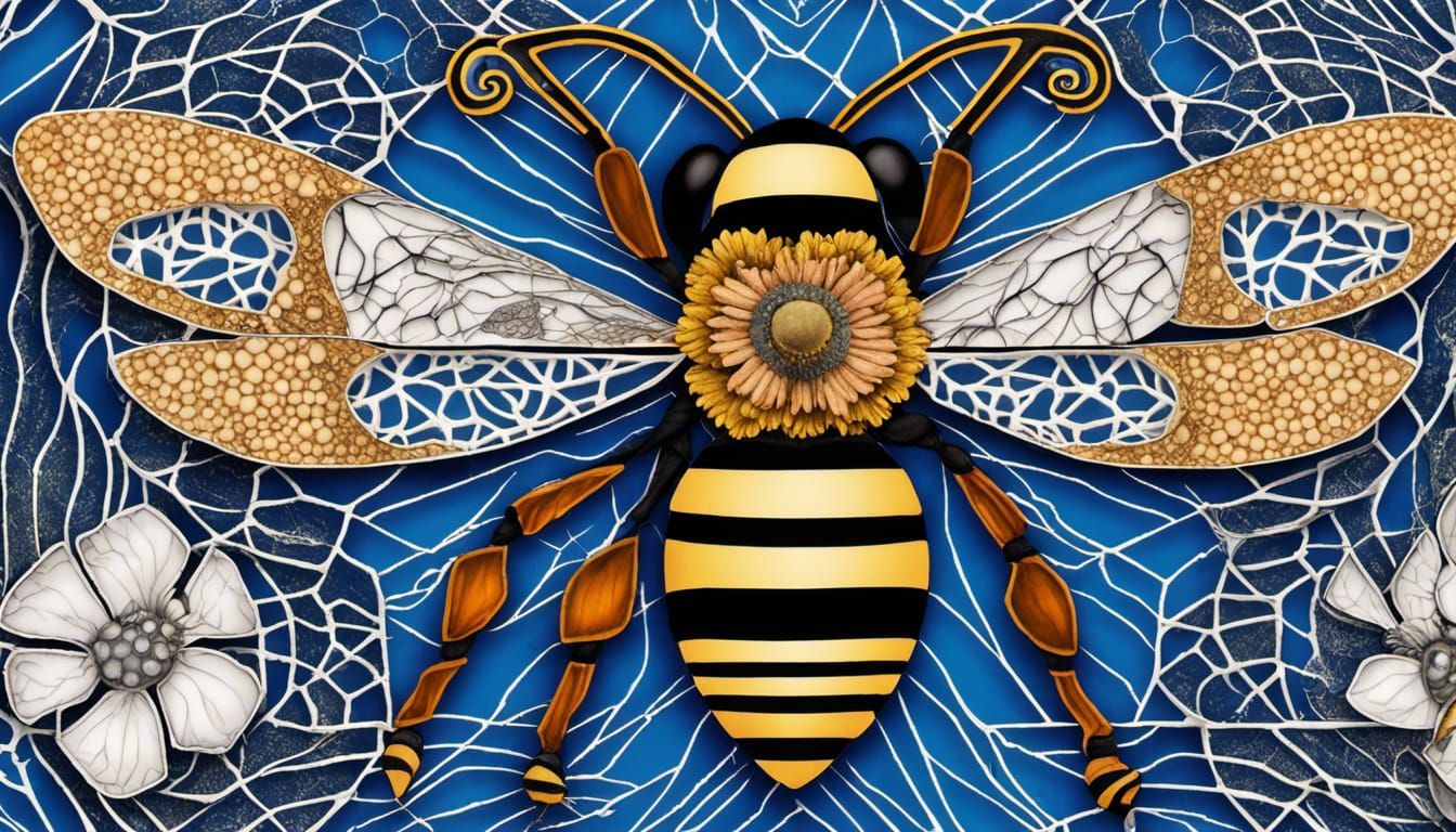 Blue Banded Bee with Quantum Zentangle Flora