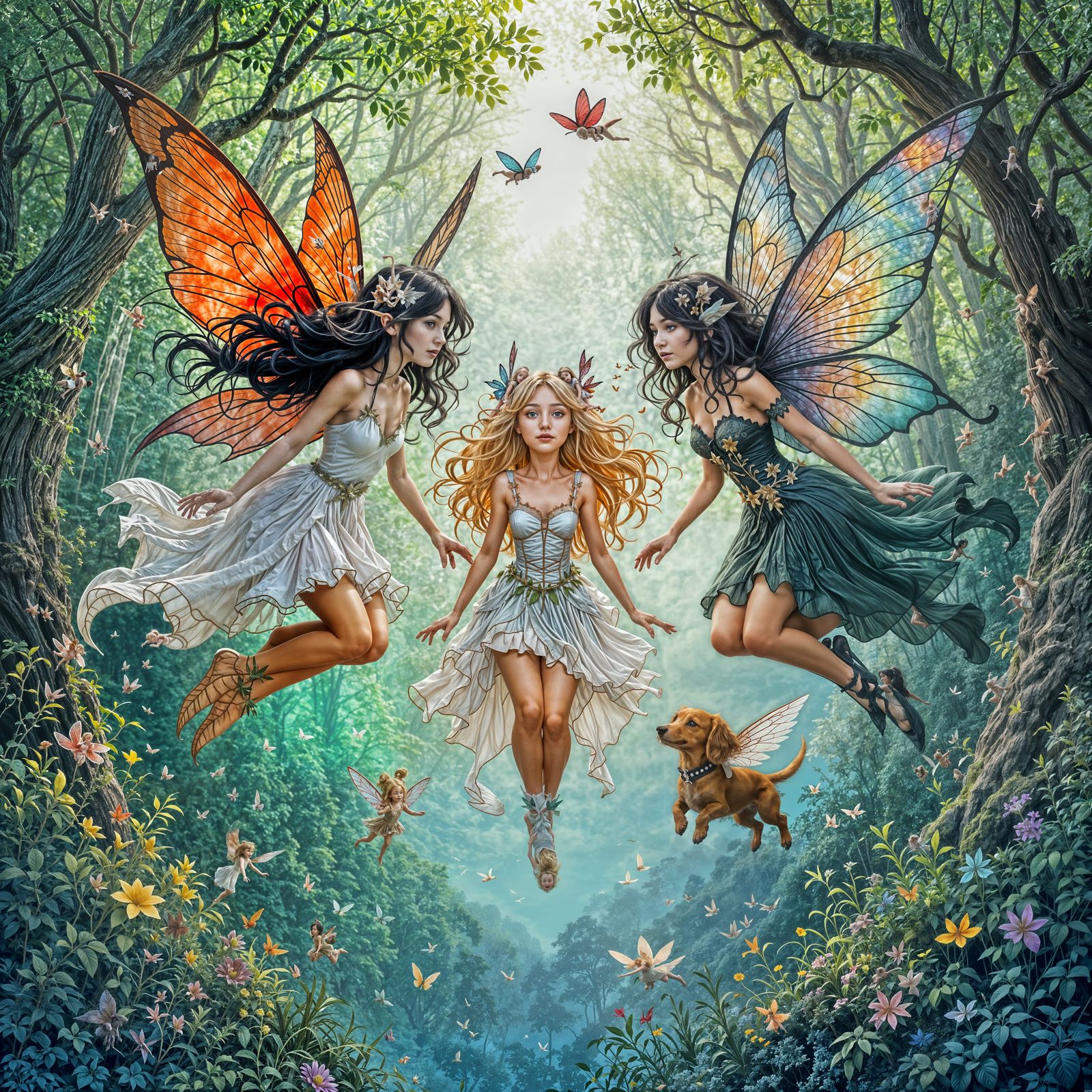 Fairies and Flying Dachshund Over Enchanted Forest