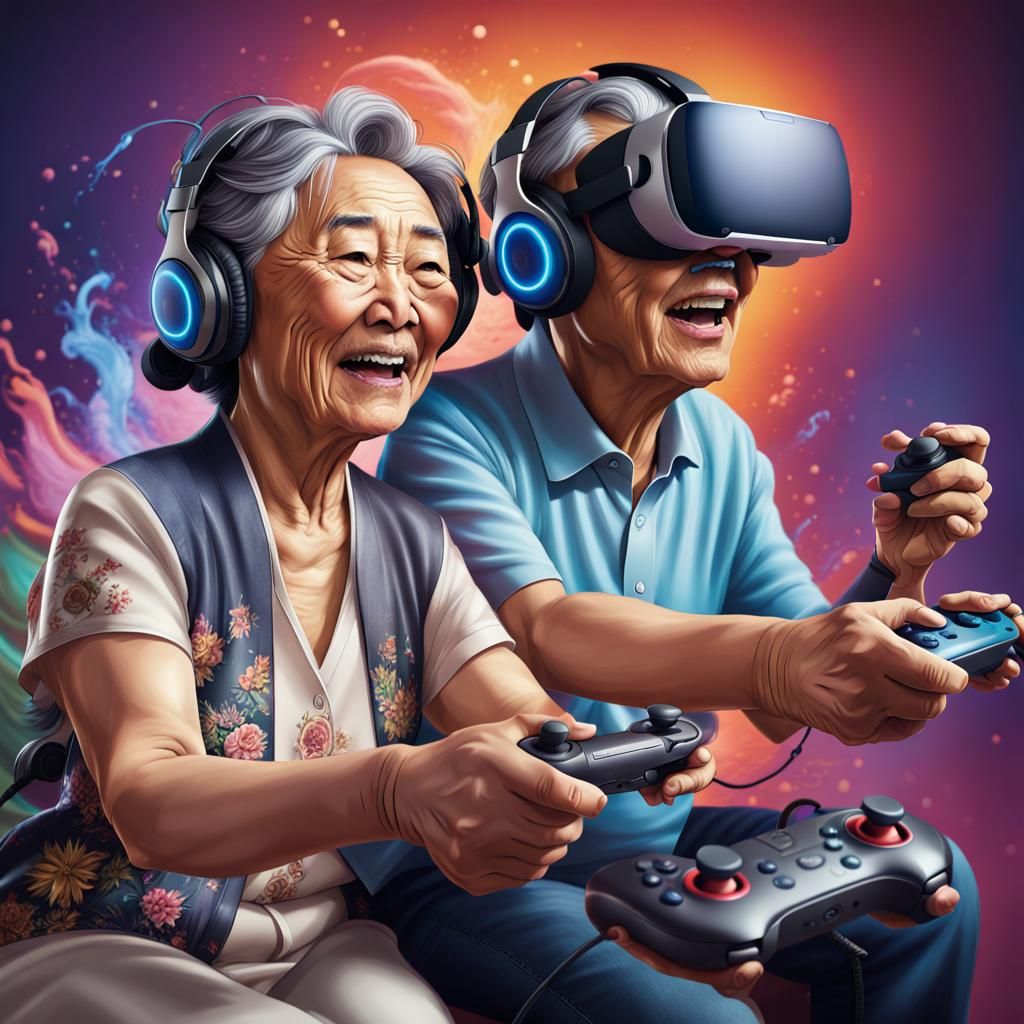 Happy Asian Couple Immersed in Virtual Reality Game