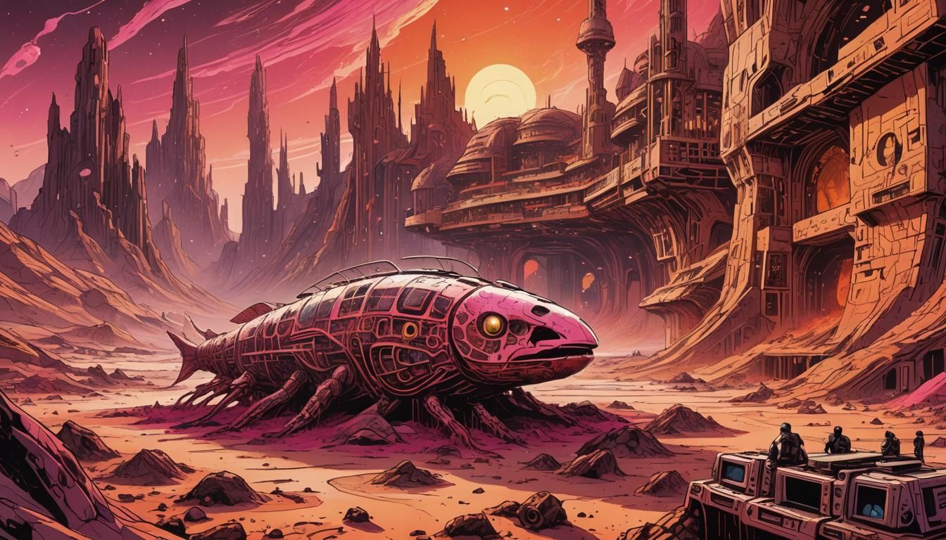 Retrofuturistic Comic: Manuscript on Mars in Neon