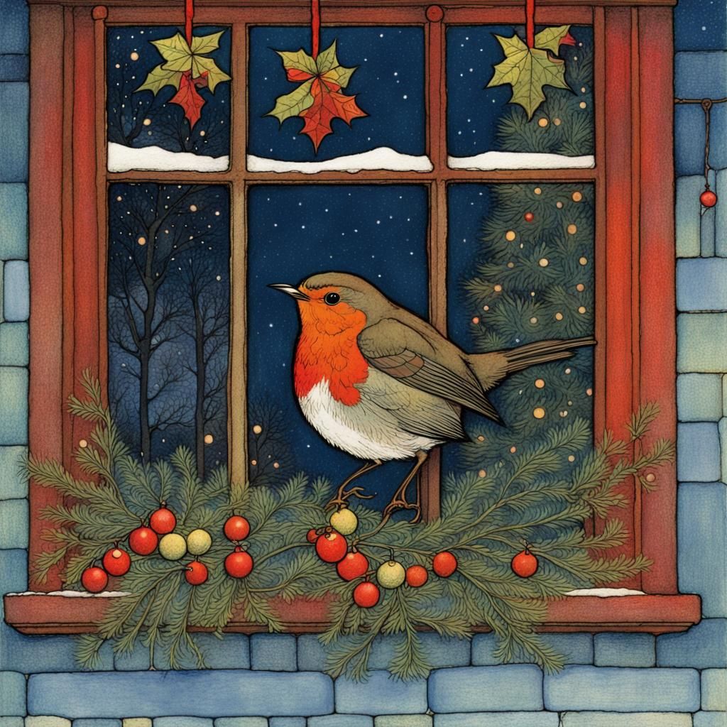 Robin in Christmas Window: Art Brut Illustration