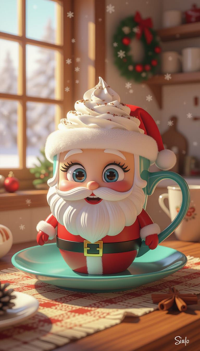 Animated Santa Mug with Blue Eyes on Turquoise Saucer