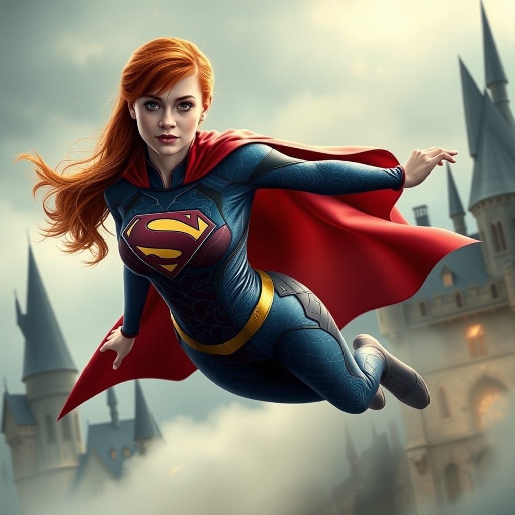 Teenage Super Girl Soaring Above Misty Castle
