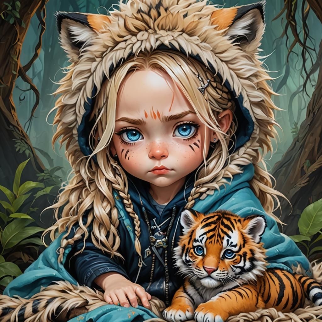 Chibi Barbarian Girl with Baby Tiger Oil Painting