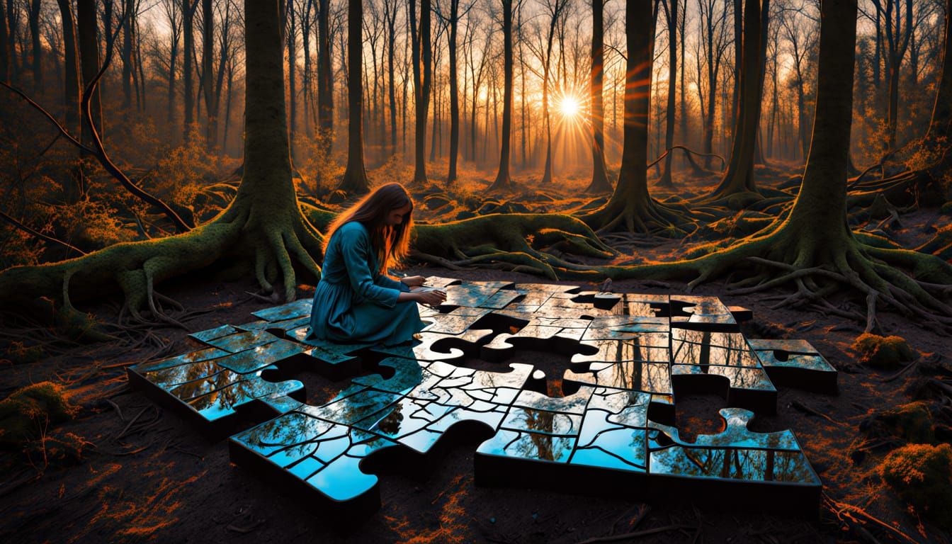 Surreal Fragmented Sculpture of Woman at Sunset