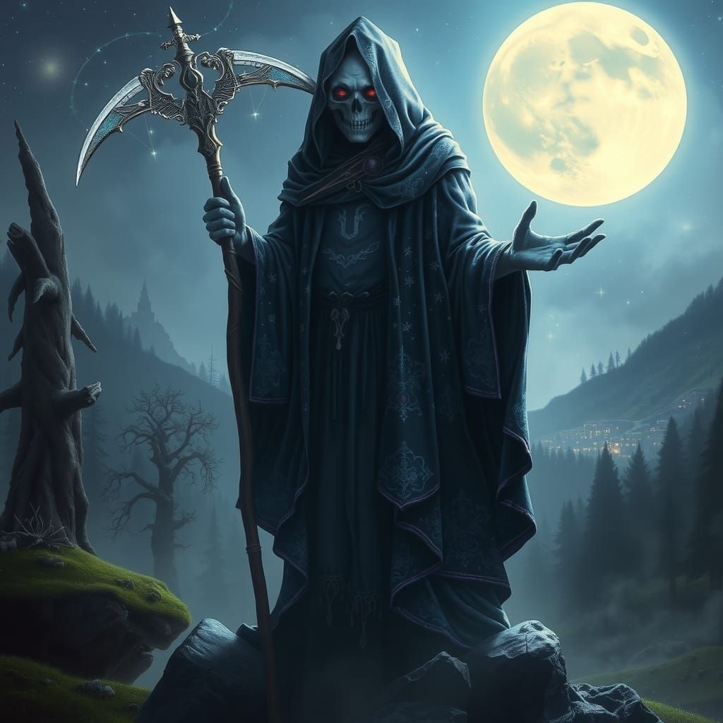 Grim Reaper in Mystical Forest, Ethereal Art