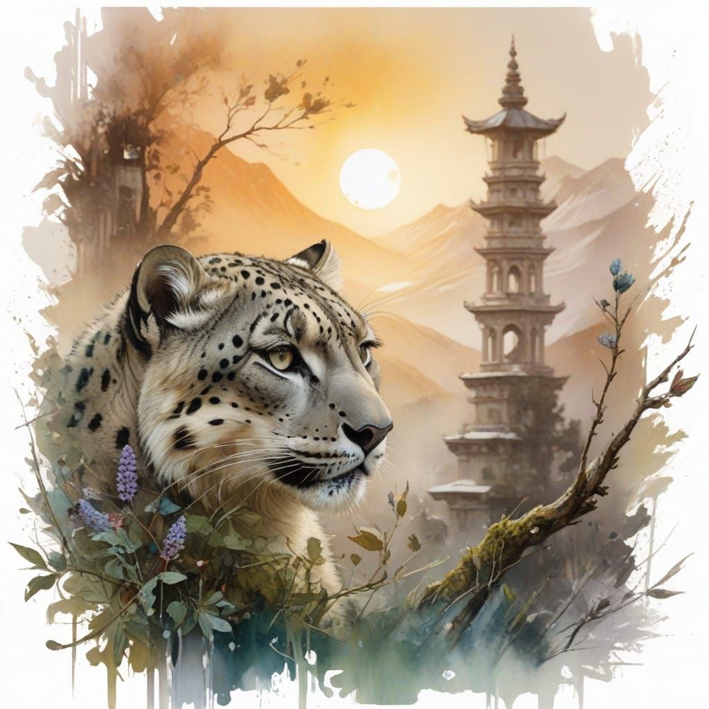 Snow Leopard on Moonlit Temple Veranda