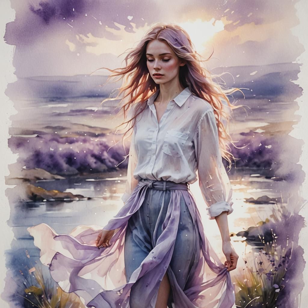 Ethereal Woman in Twilight Meadow: Watercolour Artwork