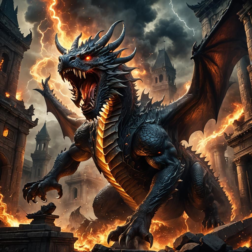 Majestic Dragon Roaring in Fiery Fantasy Landscape