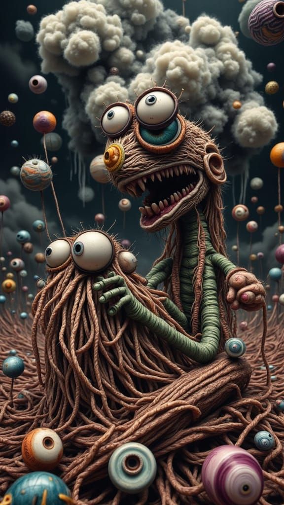 Whimsical Yarn Creature Knits Storm Cloud in Surreal Landsca...