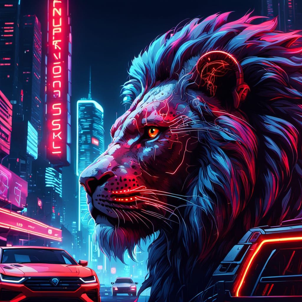 Cyberpunk Lion in Neon Cityscape