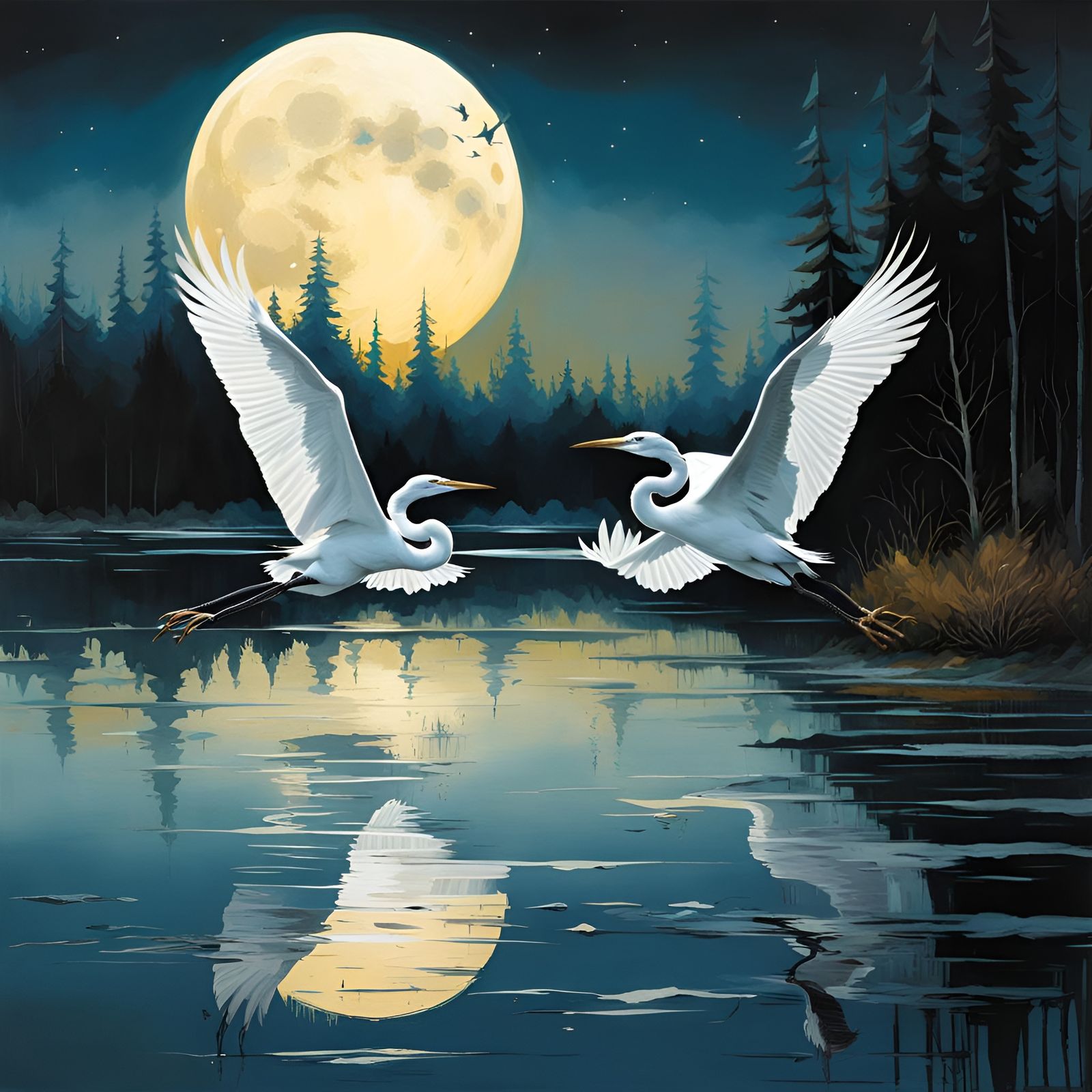 Herons Take Flight Under Moonlight: Detailed Matte Painting