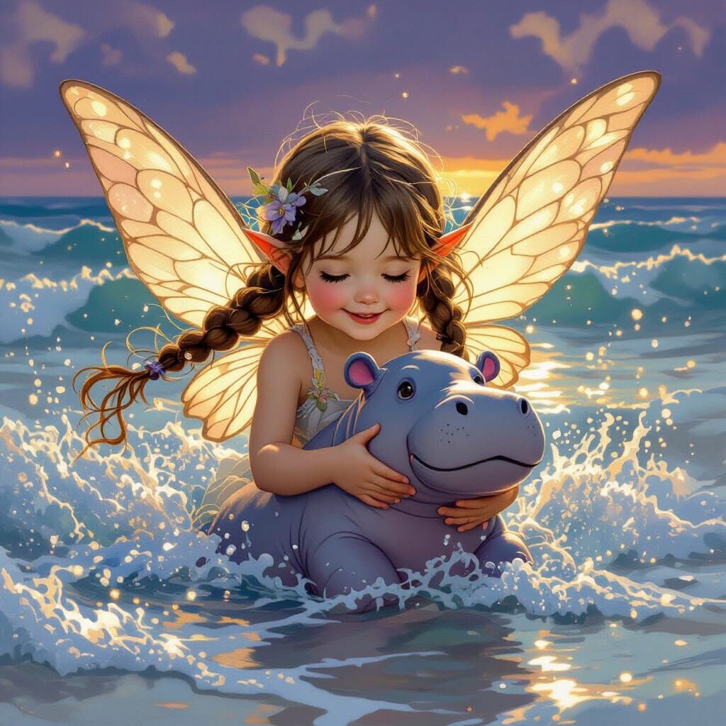 Fairy Child with Hippo Playing in Ocean Waves