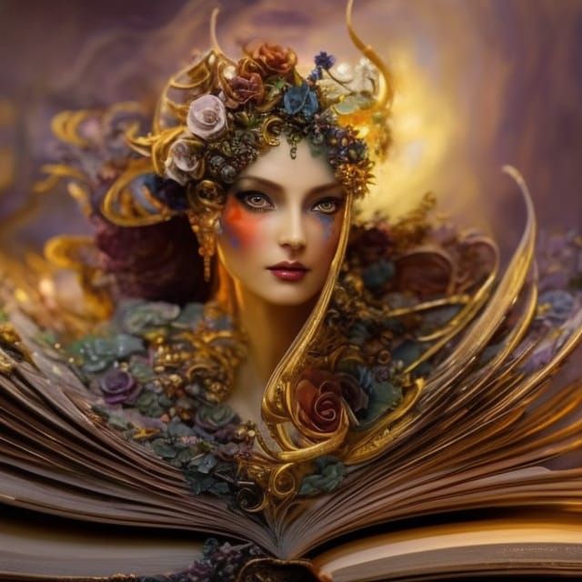 Woman Sinking into Ornate Fairytale Book: Fractal Painting