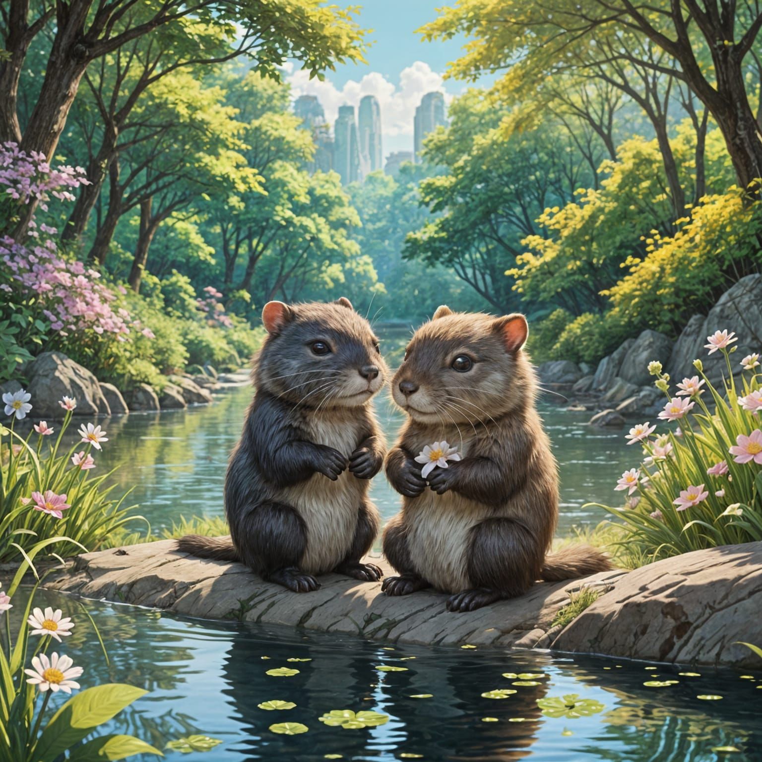 Muskrats in Tender Forest Embrace