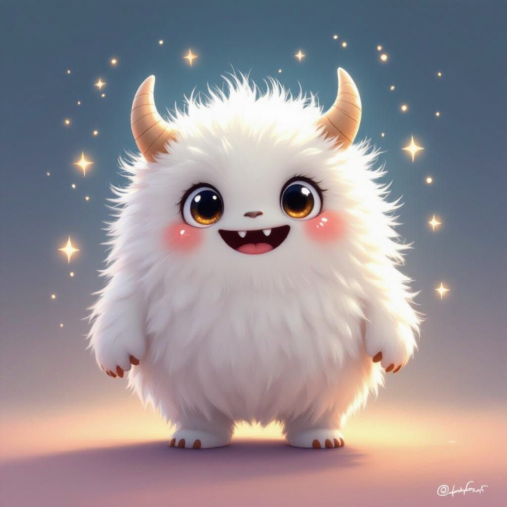 Cute Fluffy Monster with Horns in Cartoon Style