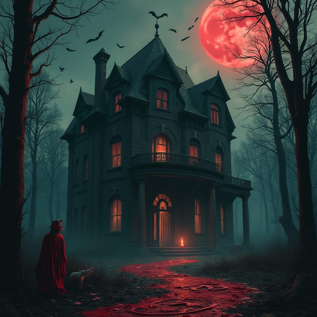 Dark, Haunted Mansion at Blood-Red Moon, with a Skeletal Fig...