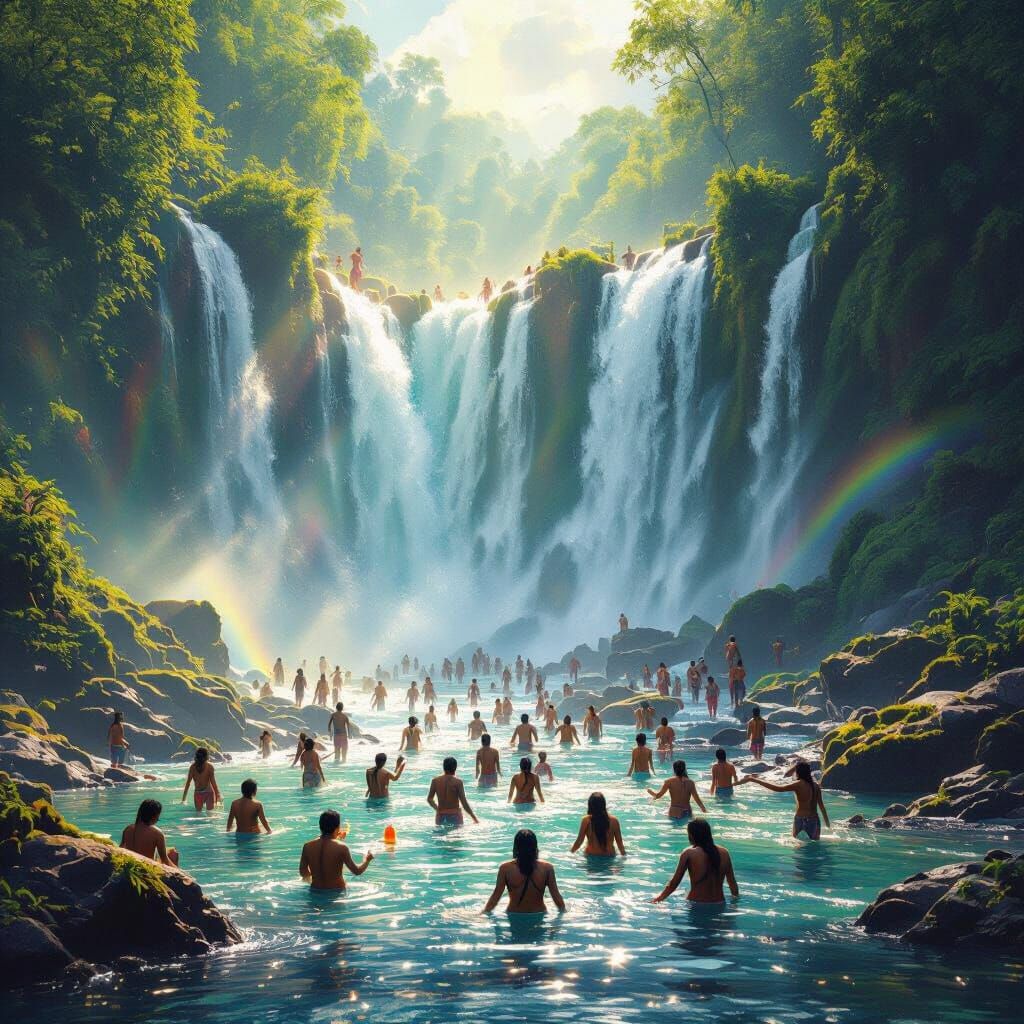 Vibrant Indian Waterfall Scene with People Bathing