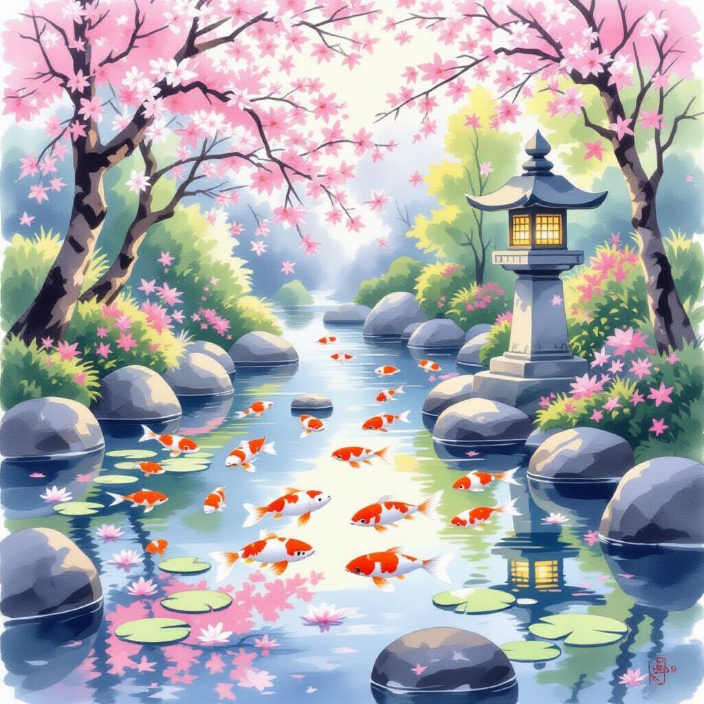 Koi Pond in Japanese Garden: Watercolor Painting
