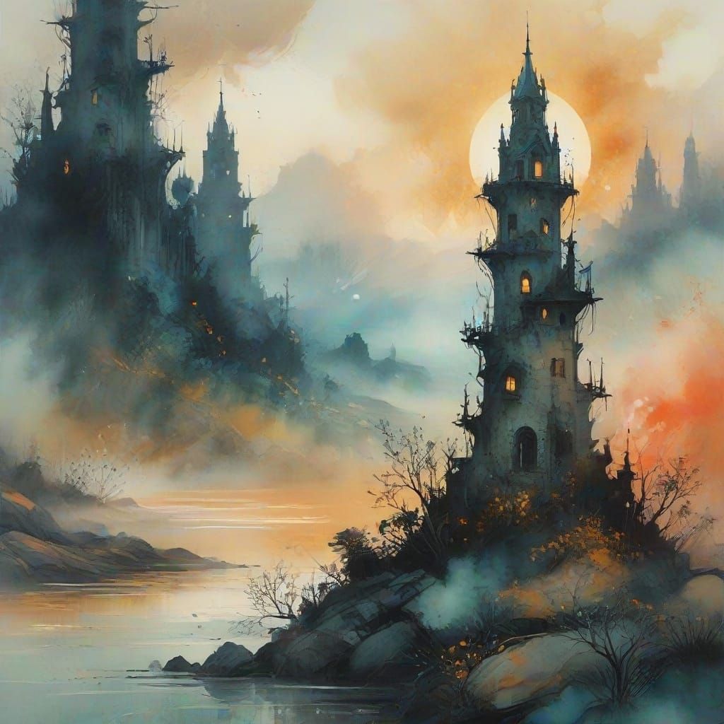 Ethereal Ruins in Soft Watercolor Hues